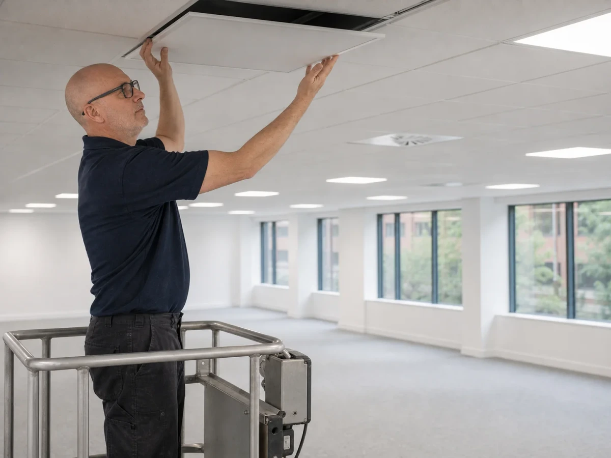 MCI Electrical electrician installing an LED panel in an office by MCI Electrical