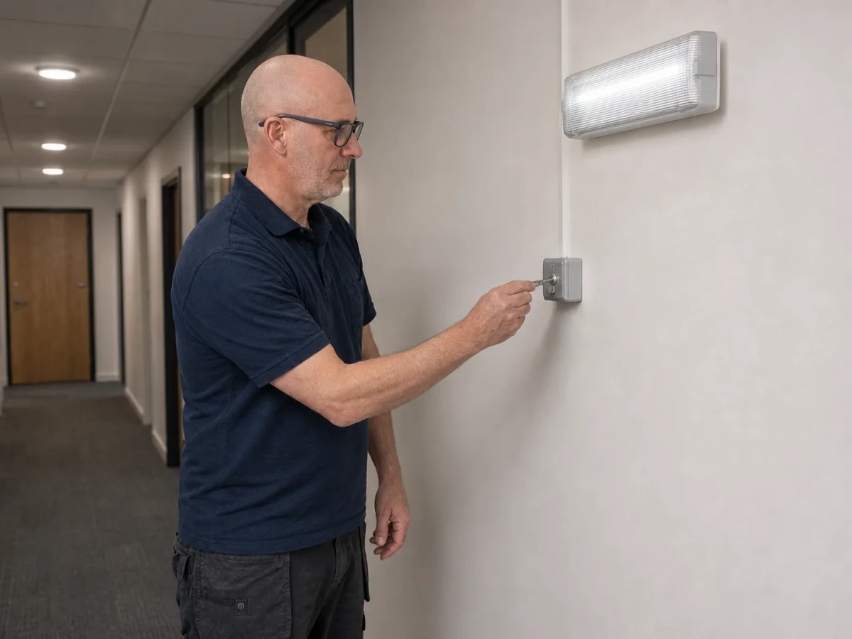 MCI Electrical electrician testing emergency lighting in a commercial corridor by MCI Electrical
