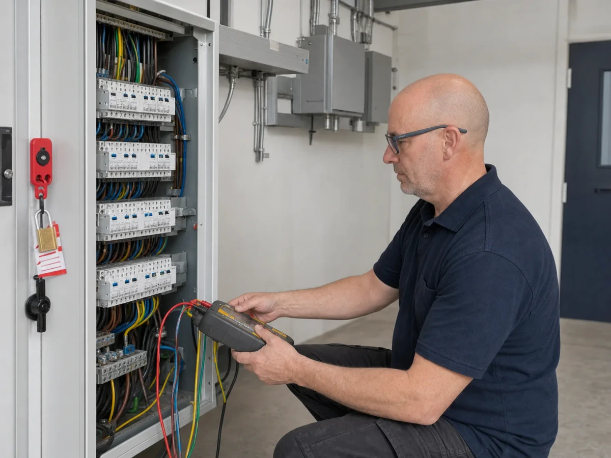 MCI Electrical electrician carrying out fixed wire testing on a commercial distribution board by MCI Electrical